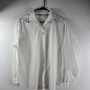 VintageTabi International Women's White Embroidered Floral Shirt‎ Top Flaw L G